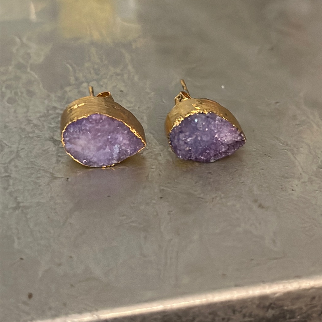 Teardrop Shaped Amethyst Colored Druzy Gold Plated Posts Pierced Ear